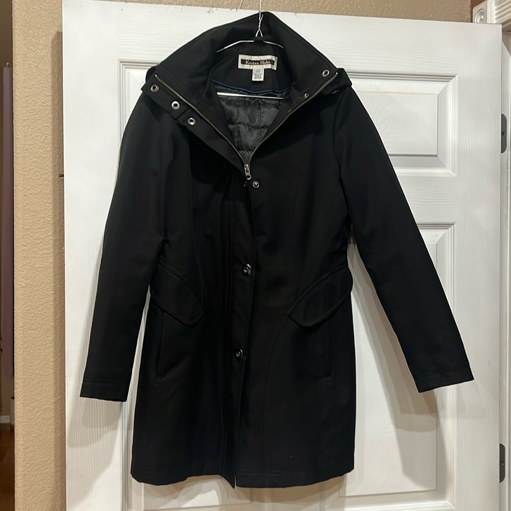 Classy black warm winter coat medium length.